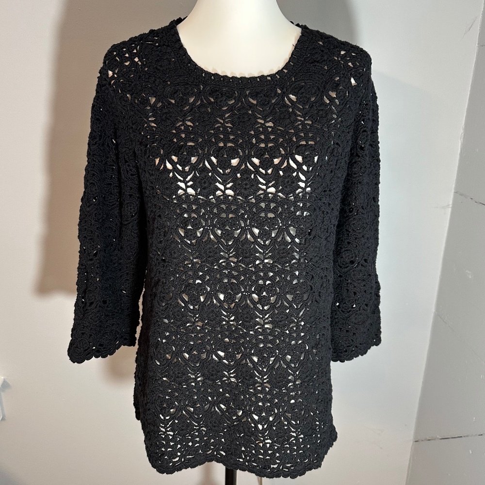 J. McLaughlin Black Cotton 3/4 sleeve open-knit crew neck sweater. SZ M like new